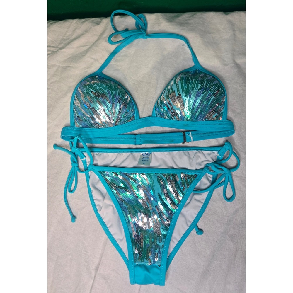 READ Venus Bikini Sequin Y2K Turquoise C Cup Size 8 Blue Silver Retro